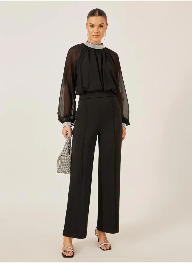 Styli Embellished High Neck Top with Sheer Sleeves
