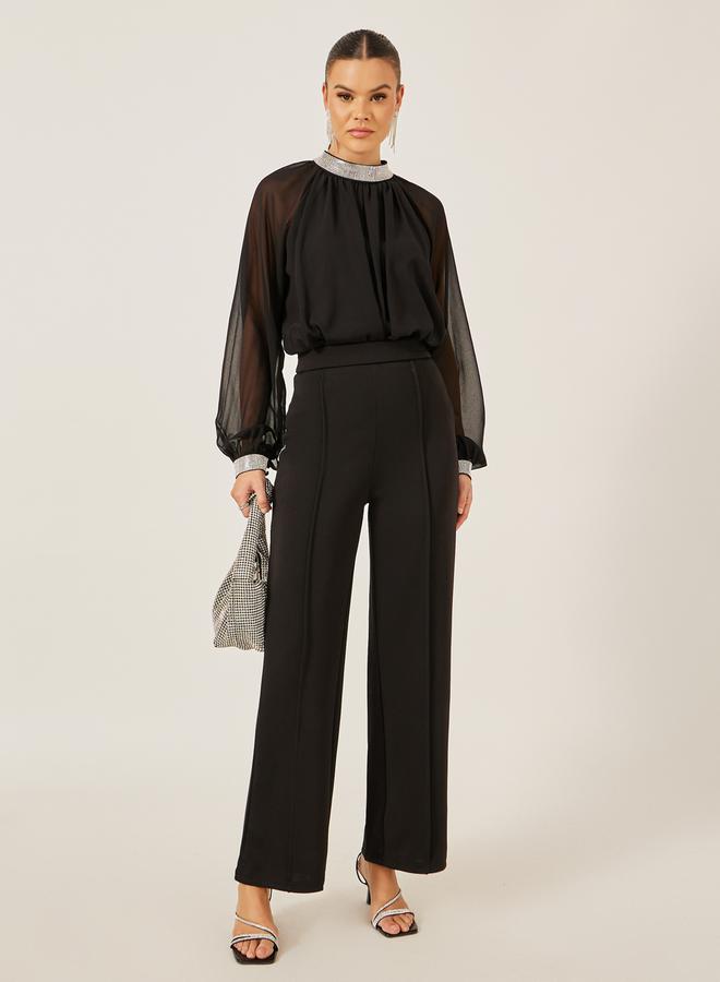 Styli Embellished High Neck Top with Sheer Sleeves - Image 3