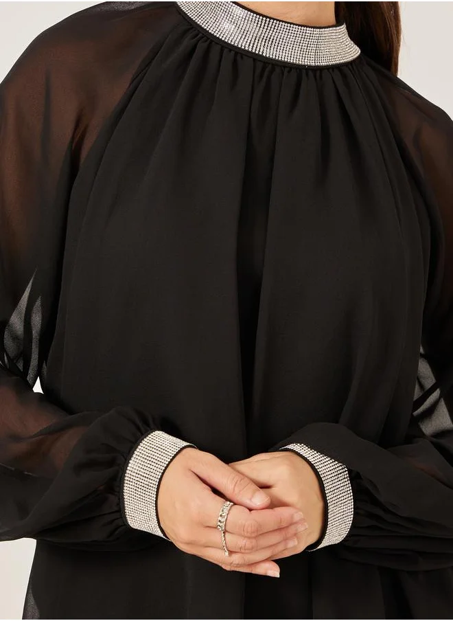 Styli Embellished High Neck Top with Sheer Sleeves