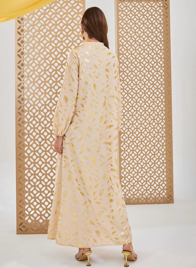 Styli Foil Print A-Line Jalabiya with Lace Trim