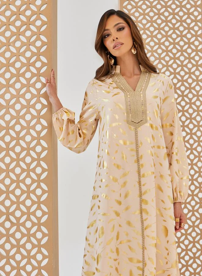 Styli Foil Print A-Line Jalabiya with Lace Trim