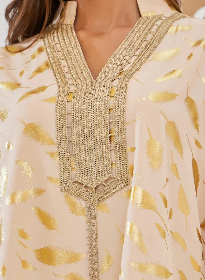 Styli Foil Print A-Line Jalabiya with Lace Trim
