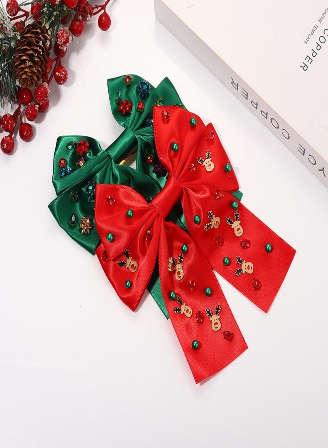 PHALIN 2PCS Christmas Hair Bow Clips for Women Christmas Accessories Xmas Bow Tree Reindeer Snowflake Hair Bows Silky Satin Red Green Bows Holiday Hair Ribbons Christmas Outfits Holiday Gifts - Image 5