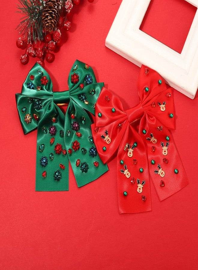 PHALIN 2PCS Christmas Hair Bow Clips for Women Christmas Accessories Xmas Bow Tree Reindeer Snowflake Hair Bows Silky Satin Red Green Bows Holiday Hair Ribbons Christmas Outfits Holiday Gifts - Image 2