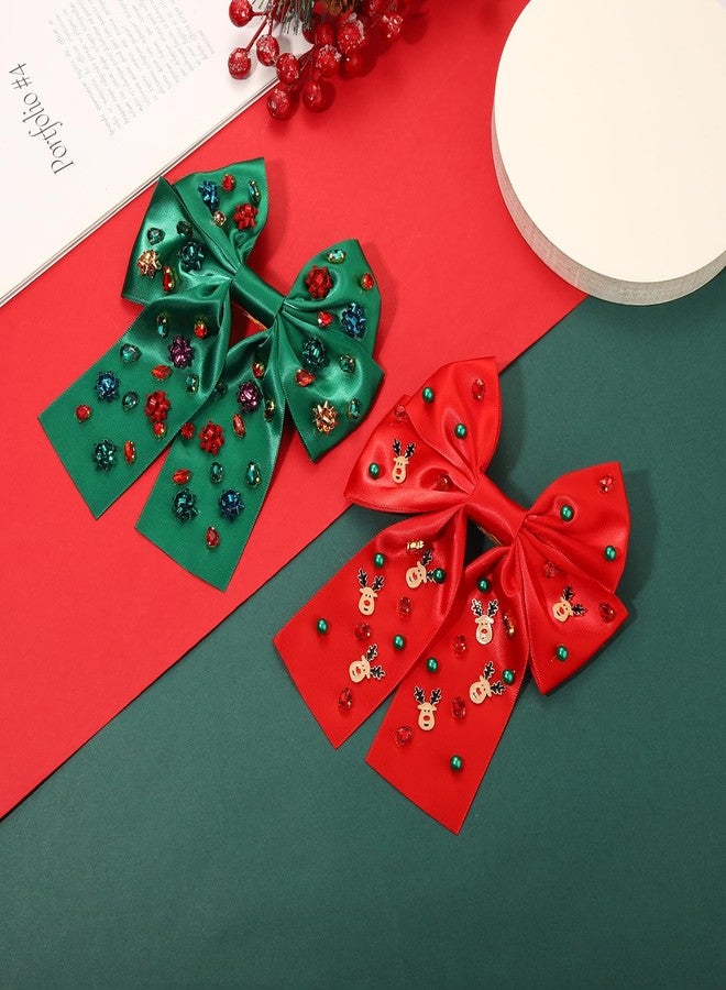 PHALIN 2PCS Christmas Hair Bow Clips for Women Christmas Accessories Xmas Bow Tree Reindeer Snowflake Hair Bows Silky Satin Red Green Bows Holiday Hair Ribbons Christmas Outfits Holiday Gifts - Image 4