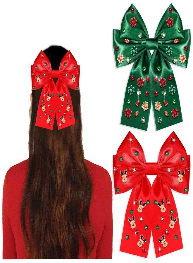PHALIN 2PCS Christmas Hair Bow Clips for Women Christmas Accessories Xmas Bow Tree Reindeer Snowflake Hair Bows Silky Satin Red Green Bows Holiday Hair Ribbons Christmas Outfits Holiday Gifts - Image 1
