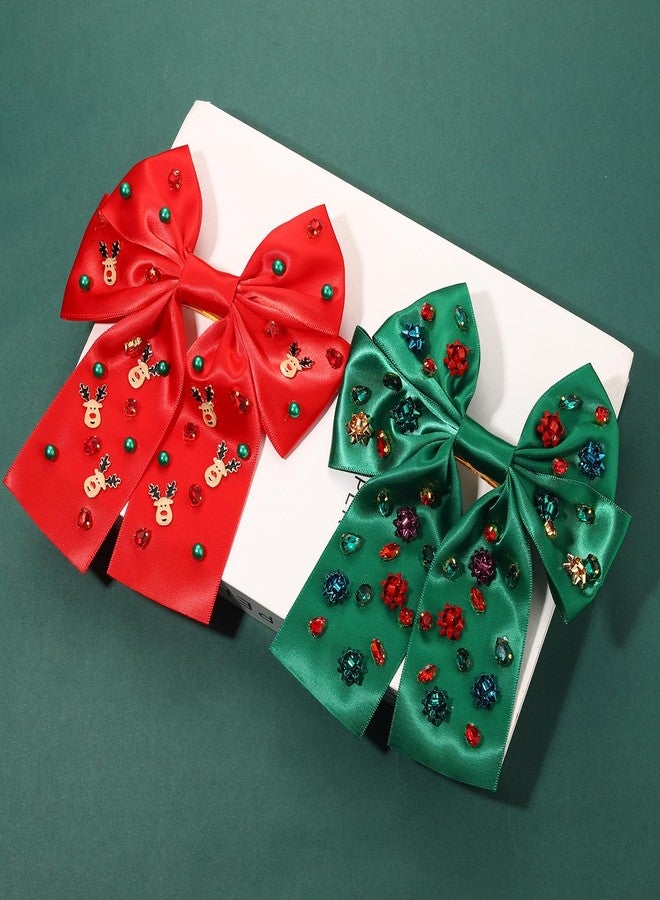 PHALIN 2PCS Christmas Hair Bow Clips for Women Christmas Accessories Xmas Bow Tree Reindeer Snowflake Hair Bows Silky Satin Red Green Bows Holiday Hair Ribbons Christmas Outfits Holiday Gifts - Image 3