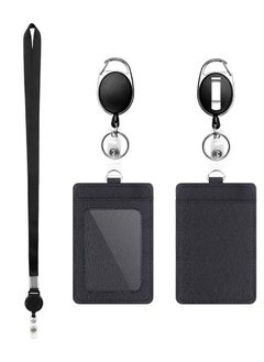 S-Color 2 Pcs Heavy Duty Retractable Reel Clips Set with Carabiner Clip Detachable Neck Lanyard Strap and Retractable Badge Reel ID Card Holders Vertical Leather ID Card Holder Black  - Image 1