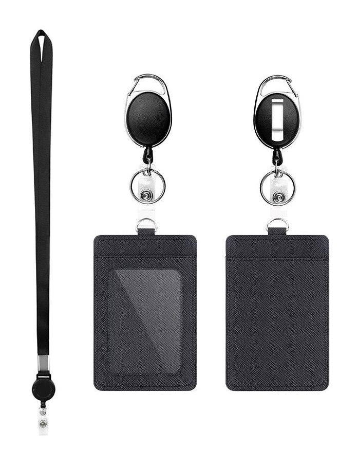 S-Color 2 Pcs Heavy Duty Retractable Reel Clips Set with Carabiner Clip Detachable Neck Lanyard Strap and Retractable Badge Reel ID Card Holders Vertical Leather ID Card Holder Black  - Image 1