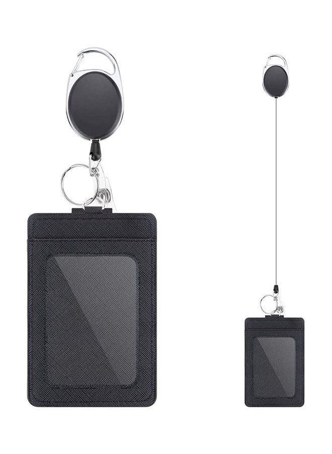 S-Color 2 Pcs Heavy Duty Retractable Reel Clips Set with Carabiner Clip Detachable Neck Lanyard Strap and Retractable Badge Reel ID Card Holders Vertical Leather ID Card Holder Black  - Image 2
