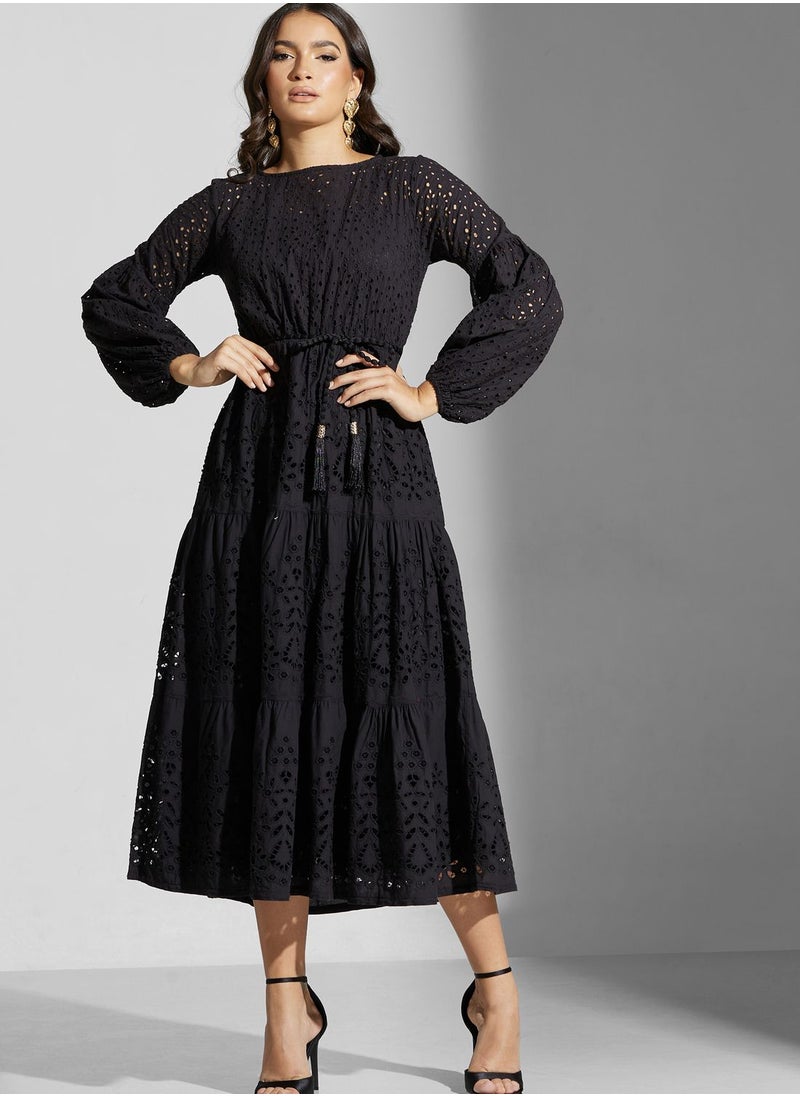 Golden Apple - Balloon Sleeve Belted Openwork Dress - Image 1