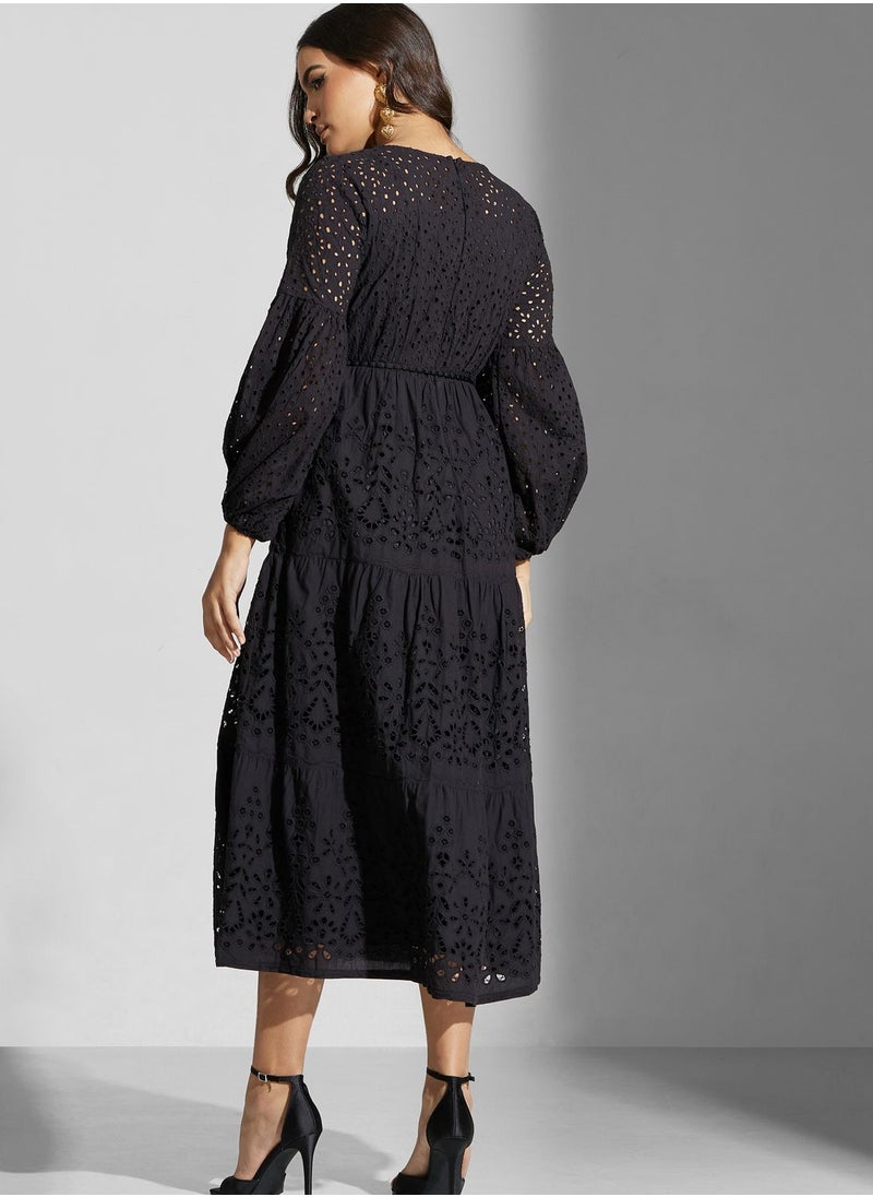 Golden Apple - Balloon Sleeve Belted Openwork Dress - Image 1