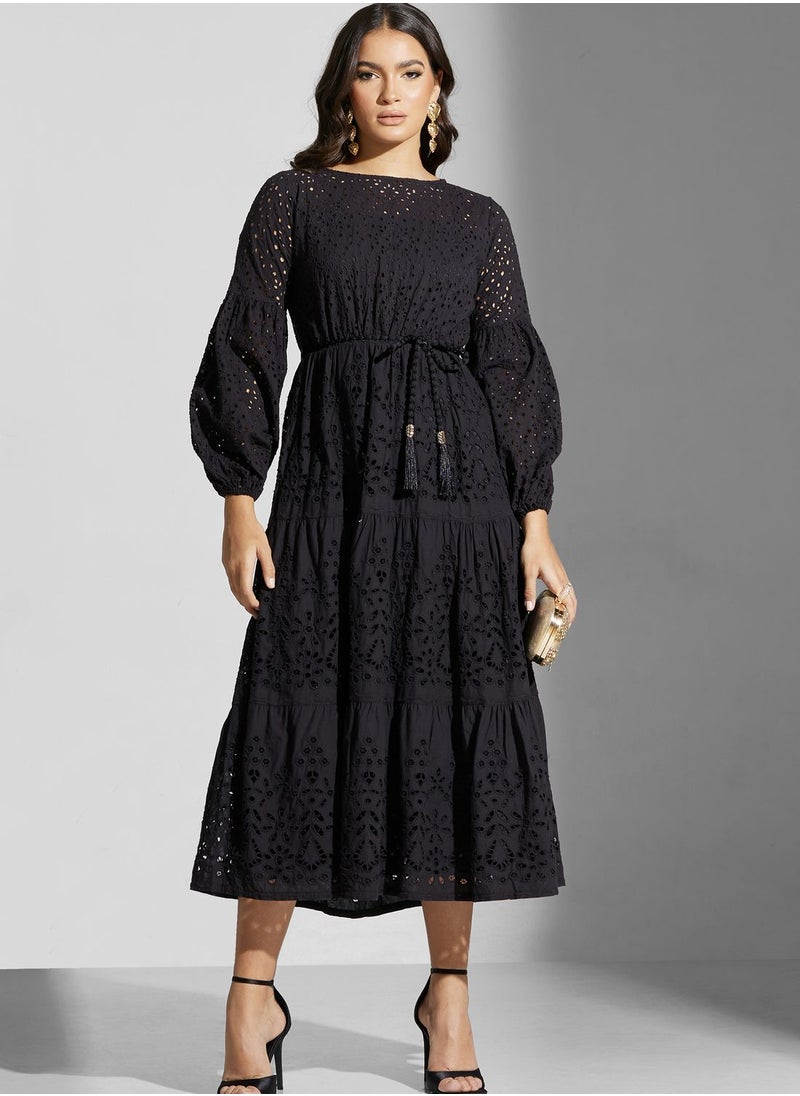 Golden Apple - Balloon Sleeve Belted Openwork Dress - Image 1