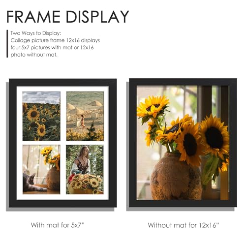 DUENPY 12x16 Picture Frame, 5x7 Collage Picture Frame, Displays Four 5x7 inch Photos, or 12x16 (Without Mat) for Available Horizontal Wall Mounting Display and Vertical, Black. - Image 4