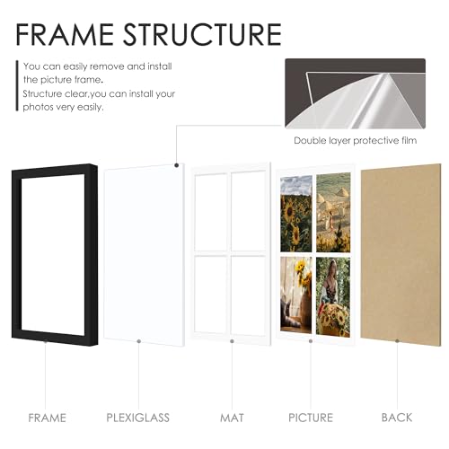 DUENPY 12x16 Picture Frame, 5x7 Collage Picture Frame, Displays Four 5x7 inch Photos, or 12x16 (Without Mat) for Available Horizontal Wall Mounting Display and Vertical, Black. - Image 3