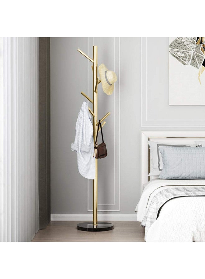 Jolitac Metal Coat Rack Stand Golden Satin Steel Finish Stable Marble Base, High-Grade with Hooks Metal Tree Hat & Coat Hanger Floor Free Standing Wall Bedroom Easy Assembly (Golden) - Image 2