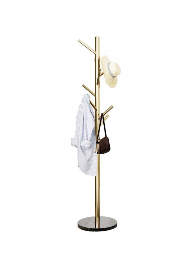 Jolitac Metal Coat Rack Stand Golden Satin Steel Finish Stable Marble Base, High-Grade with Hooks Metal Tree Hat & Coat Hanger Floor Free Standing Wall Bedroom Easy Assembly (Golden) - Image 1