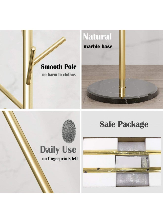 Jolitac Metal Coat Rack Stand Golden Satin Steel Finish Stable Marble Base, High-Grade with Hooks Metal Tree Hat & Coat Hanger Floor Free Standing Wall Bedroom Easy Assembly (Golden) - Image 5