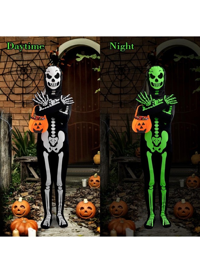 FAYBOX FAYBOX Skeleton Costume Glow in The Dark for Kids Toddler, Halloween Fortnite Onesie for Boy Girls with Pumpkin Candy Bag(3-4)  - Image 2