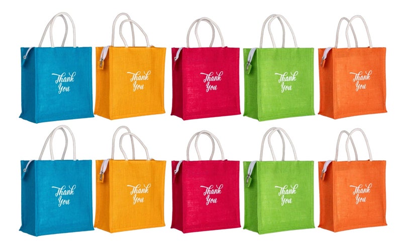 Soman Jute Ecofriendly Return Gift Bags Thank You Printed Multicolor with Zip Pack of 10 Bags - Image 1