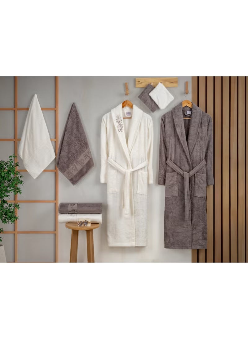 nurpak 10-Piece Turkish Bamboo Cotton Towel Set for Gifting Couple’s Towels and Robe Set Including Premium His and Hers Bath Towels 90x145cm Bathrobes Hand Towels Bath Gloves Bridal Shower Gift Box Set Anthracite/Off White - Image 2