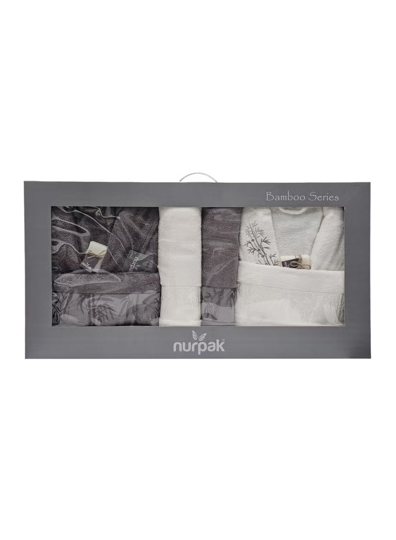 nurpak 10-Piece Turkish Bamboo Cotton Towel Set for Gifting Couple’s Towels and Robe Set Including Premium His and Hers Bath Towels 90x145cm Bathrobes Hand Towels Bath Gloves Bridal Shower Gift Box Set Anthracite/Off White - Image 3