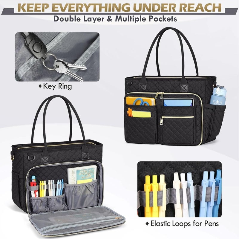 Teacher Tote Bag, Laptop Tote Bag for Women, Professional Work Bag with Insulated Pocket, Water-Resistant Messenger, Nurse Briefcase for Office, College, Travel, Multi-Compartment, Black - Image 4