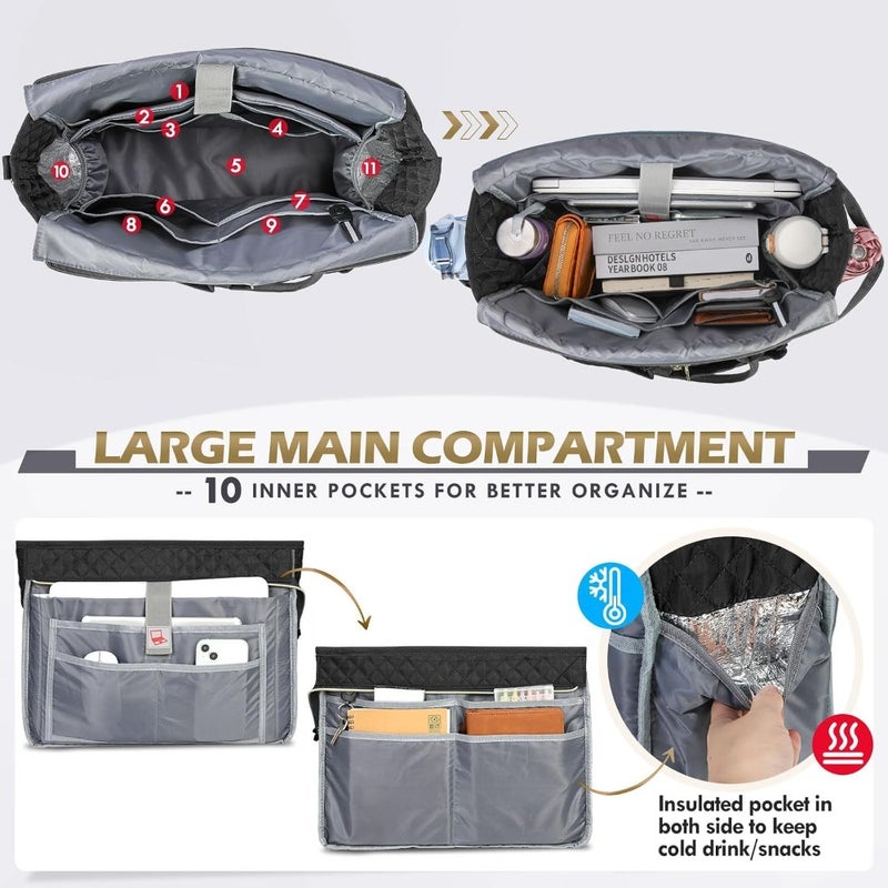 Teacher Tote Bag, Laptop Tote Bag for Women, Professional Work Bag with Insulated Pocket, Water-Resistant Messenger, Nurse Briefcase for Office, College, Travel, Multi-Compartment, Black - Image 3