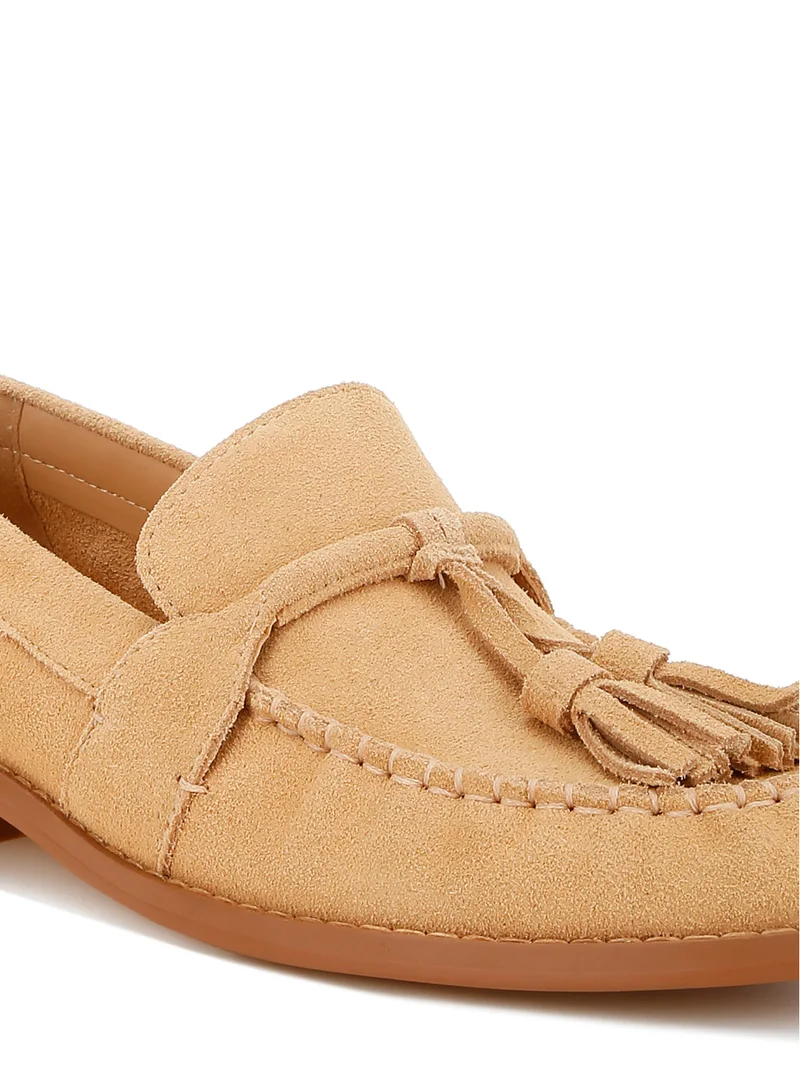 London Rag Tassels Detail Suede Loafers in Beige
