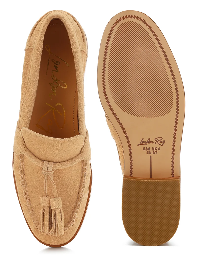 London Rag Tassels Detail Suede Loafers in Beige