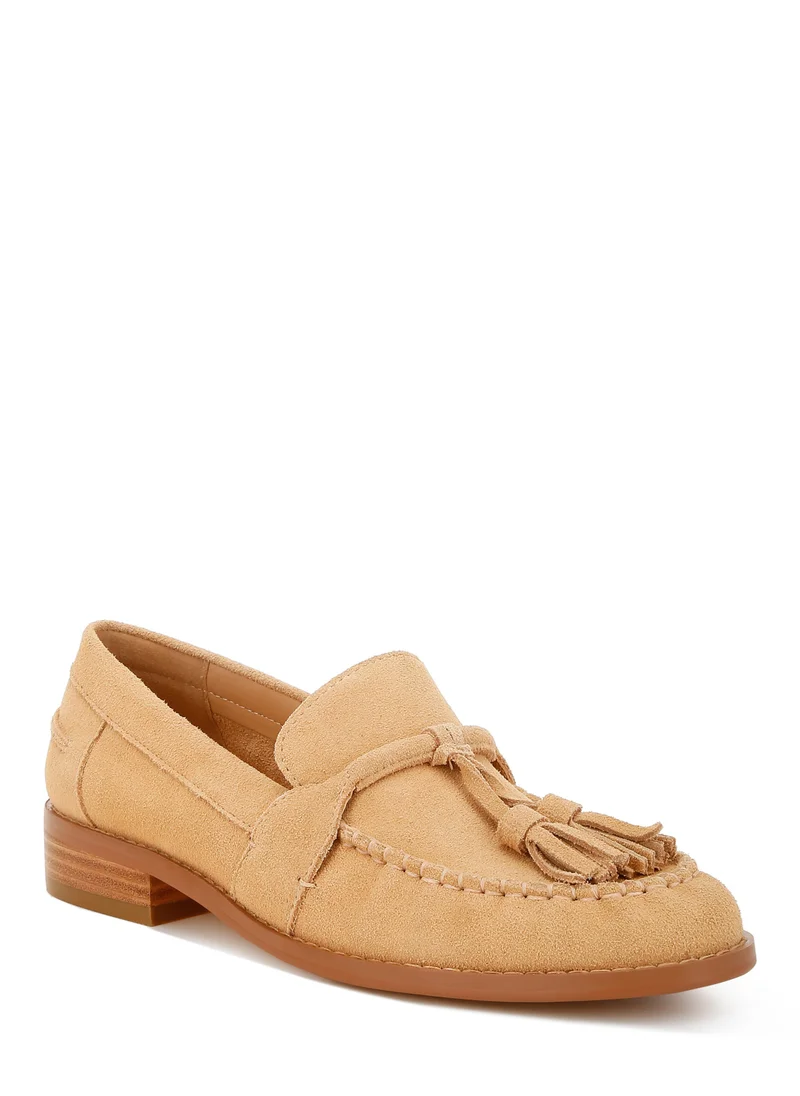 London Rag Tassels Detail Suede Loafers in Beige