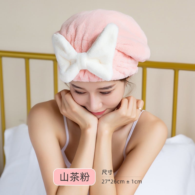 Generic Coral velvet hair drying cap shower cap cute bow plain stripe fashion simple hair drying cap adult shower cap Bow (cherry blossom powder)