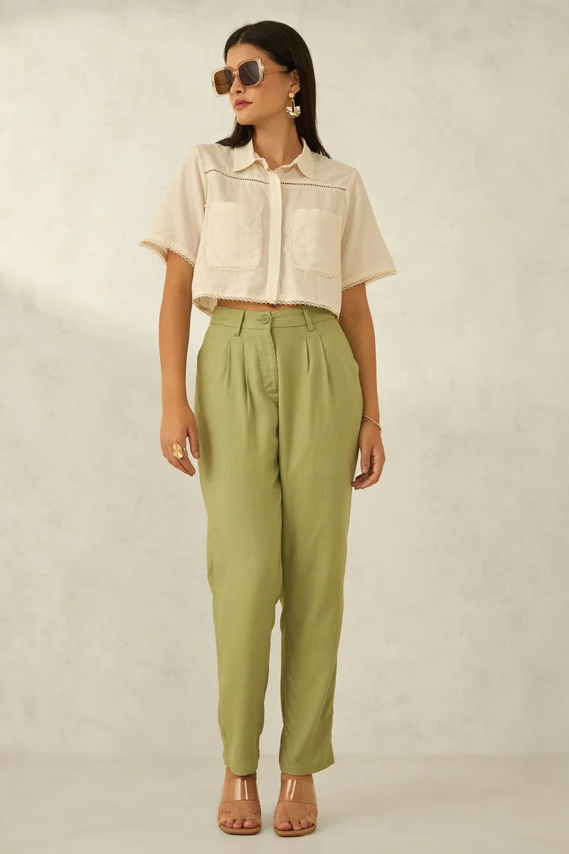 Virgio Linen Cropped Brunchwear Boxy Fit Lace Shirts for Women