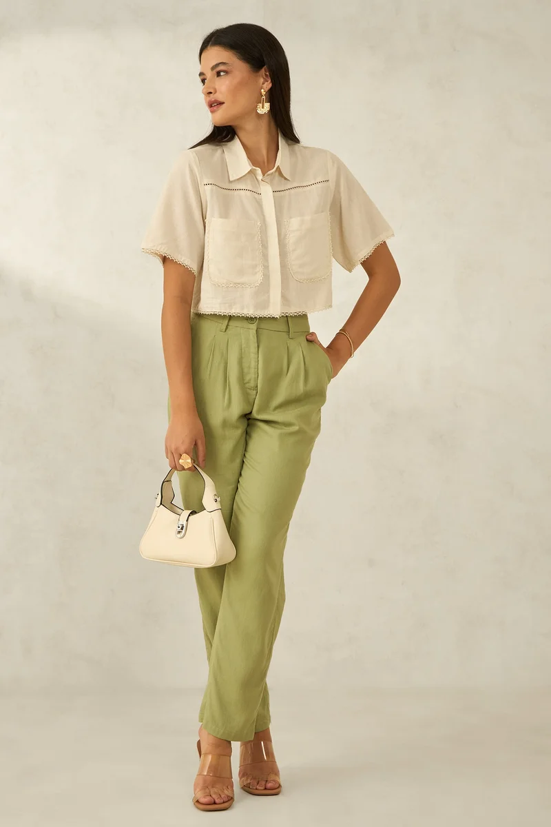 Virgio Linen Cropped Brunchwear Boxy Fit Lace Shirts for Women