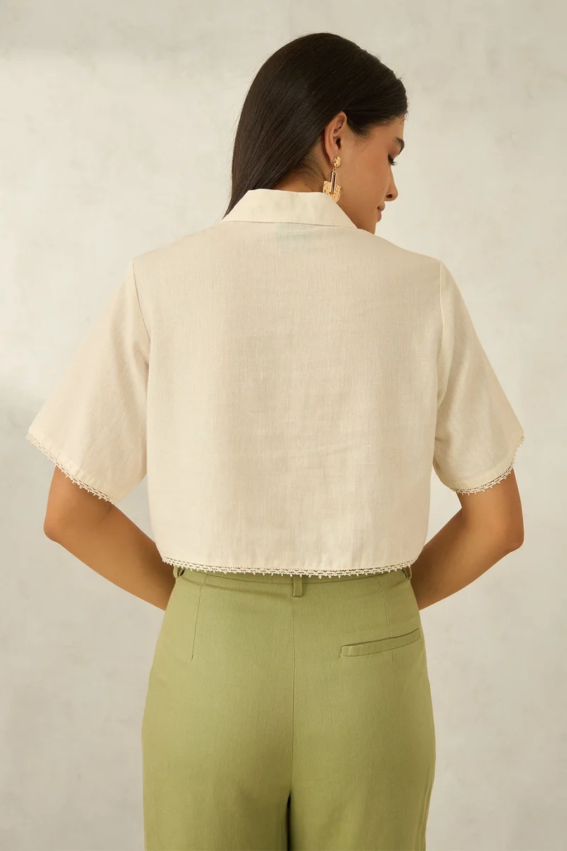 Virgio Linen Cropped Brunchwear Boxy Fit Lace Shirts for Women