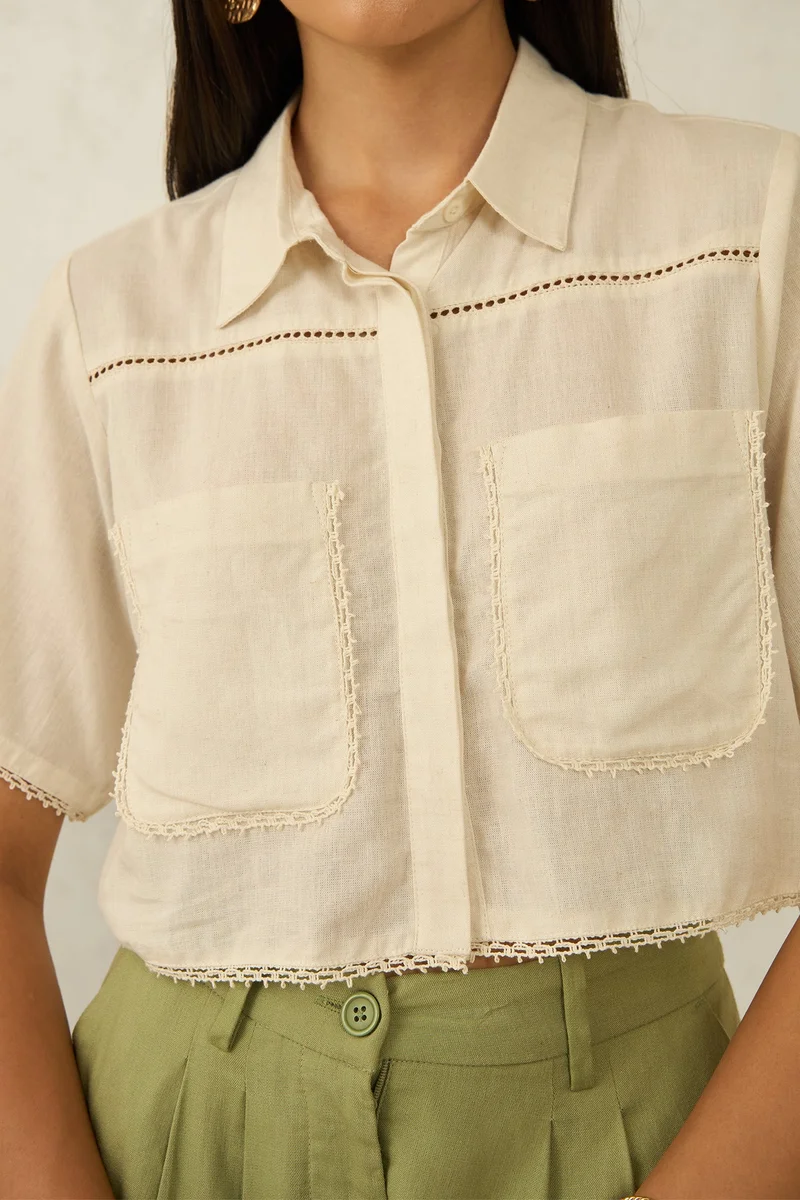 Virgio Linen Cropped Brunchwear Boxy Fit Lace Shirts for Women