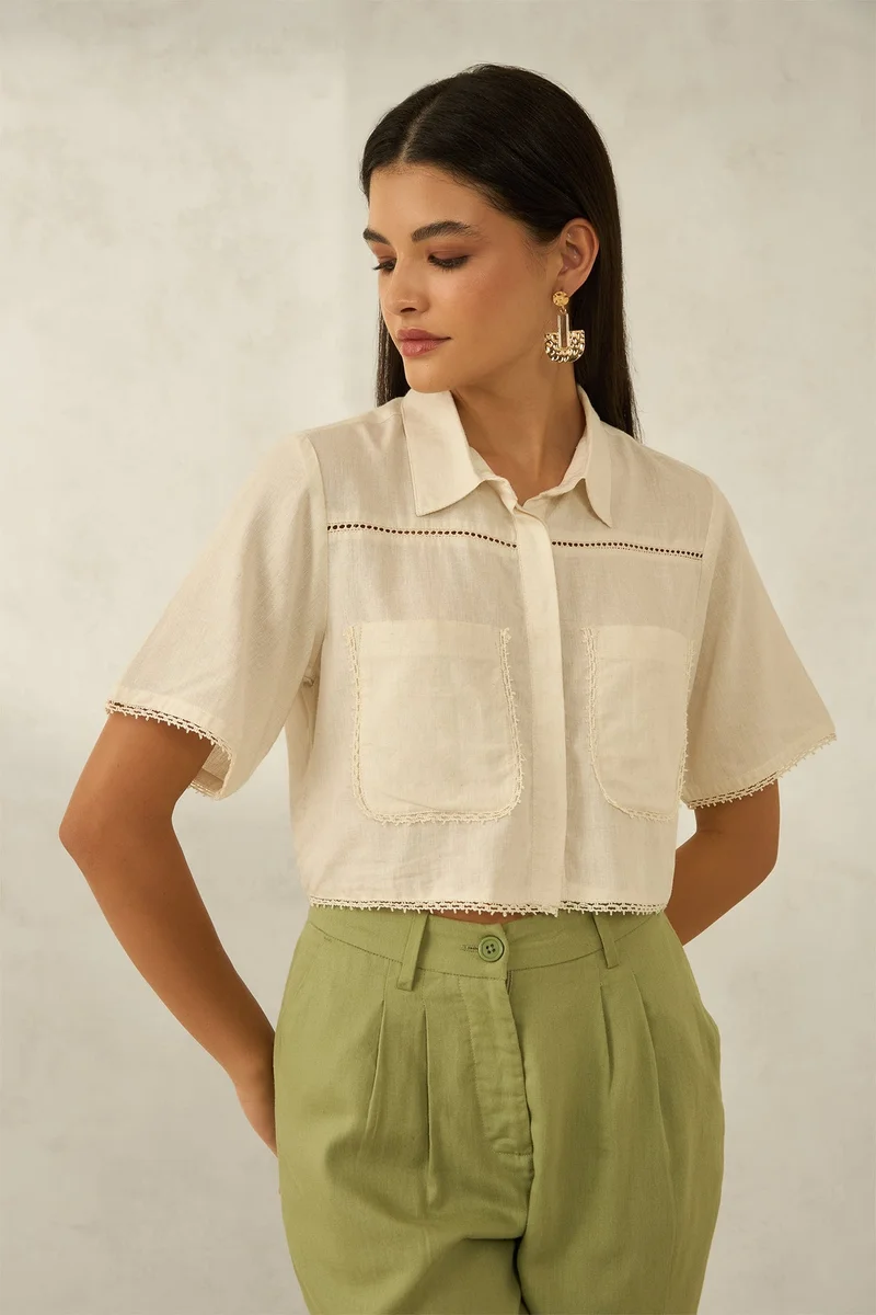 فيرجيو قمصان كتان قصيرة نسائية بقصة واسعة مزينة بالدانتيل