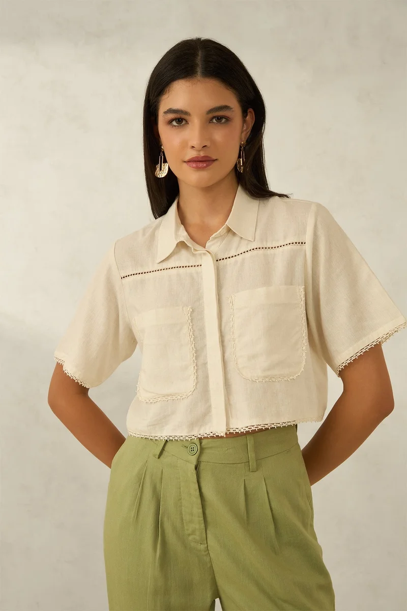 فيرجيو قمصان كتان قصيرة نسائية بقصة واسعة مزينة بالدانتيل