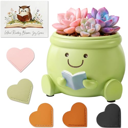 FliipFlaap Book Lover Gift Set- Cute Reading Planter Pot with 5 Heart Leather Bookmarks & Quote Card, Cozy Desk Decor and Perfect Gift for Teacher, Librarian, Women, Mom, Friend, Colleague - Image 1