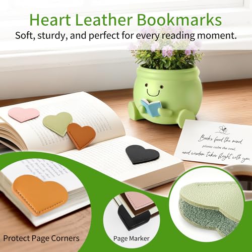 FliipFlaap Book Lover Gift Set- Cute Reading Planter Pot with 5 Heart Leather Bookmarks & Quote Card, Cozy Desk Decor and Perfect Gift for Teacher, Librarian, Women, Mom, Friend, Colleague - Image 2