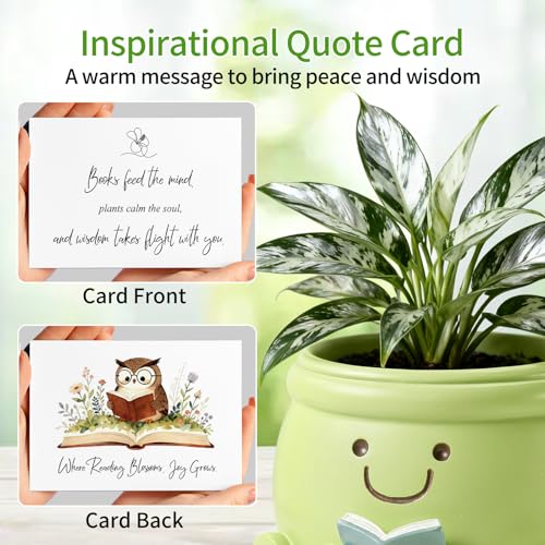 FliipFlaap Book Lover Gift Set- Cute Reading Planter Pot with 5 Heart Leather Bookmarks & Quote Card, Cozy Desk Decor and Perfect Gift for Teacher, Librarian, Women, Mom, Friend, Colleague - Image 3