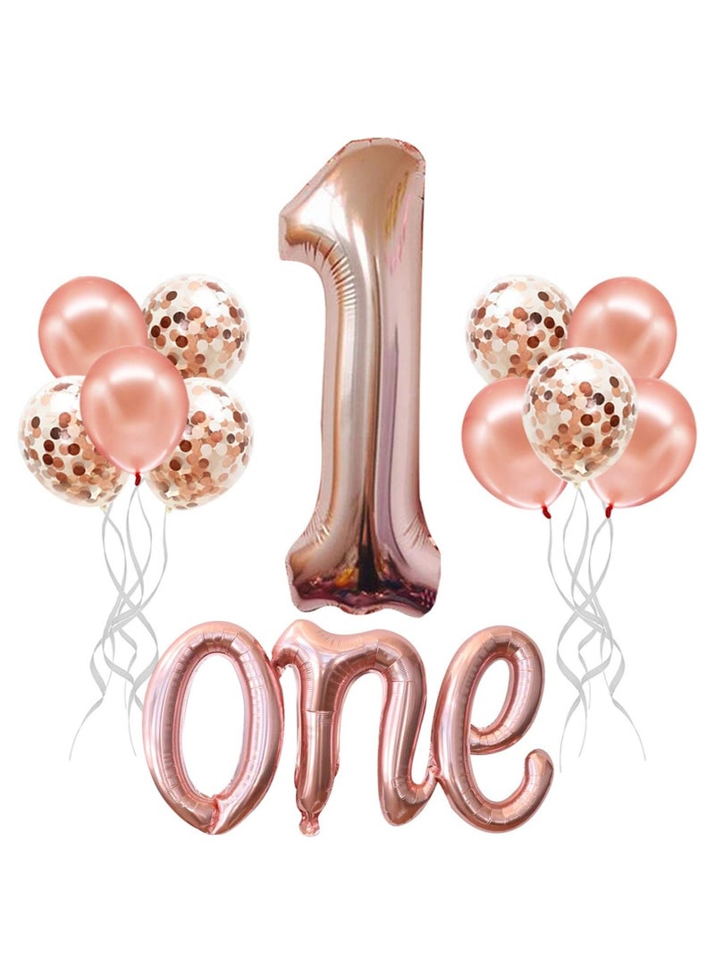 KATCHON Rose Gold Number 1 and One Balloon with Latex Balloons Pack of 12 for First Birthday Decoration - Image 1