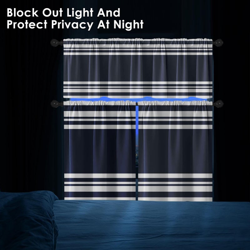 Tayney Navy Blue Kitchen Window Curtains Valance and Tier Set 36 Inch, Striped Abstract Rod Pocket Short Tier Curtain for Bathroom, Modern Small Cafe Drapes for Kitchen Decor - Image 3