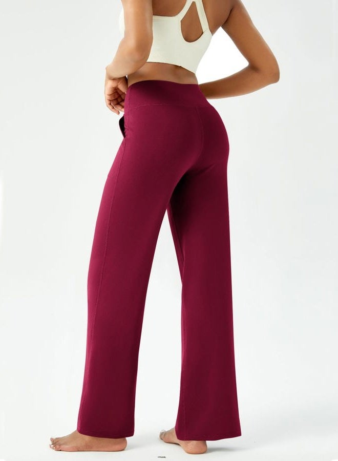 DLOODA Womens Wide Leg Yoga Pants Casual Work Dress Pants Lounge Sweatpants High Waist Comfy Loose Trousers with Pockets, Wine Red, S - Image 4
