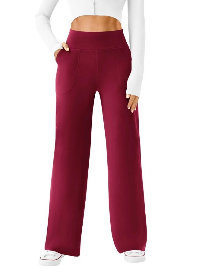 DLOODA Womens Wide Leg Yoga Pants Casual Work Dress Pants Lounge Sweatpants High Waist Comfy Loose Trousers with Pockets, Wine Red, S - Image 1