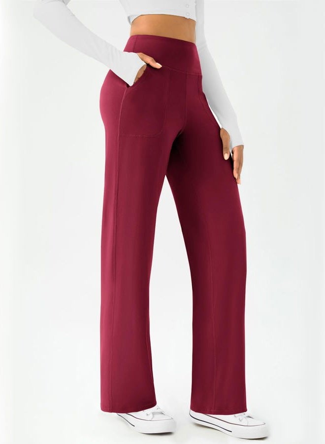 DLOODA Womens Wide Leg Yoga Pants Casual Work Dress Pants Lounge Sweatpants High Waist Comfy Loose Trousers with Pockets, Wine Red, S - Image 2