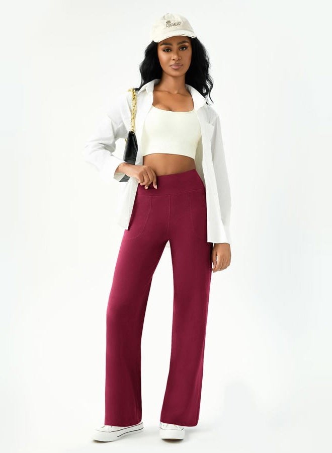 DLOODA Womens Wide Leg Yoga Pants Casual Work Dress Pants Lounge Sweatpants High Waist Comfy Loose Trousers with Pockets, Wine Red, S - Image 5