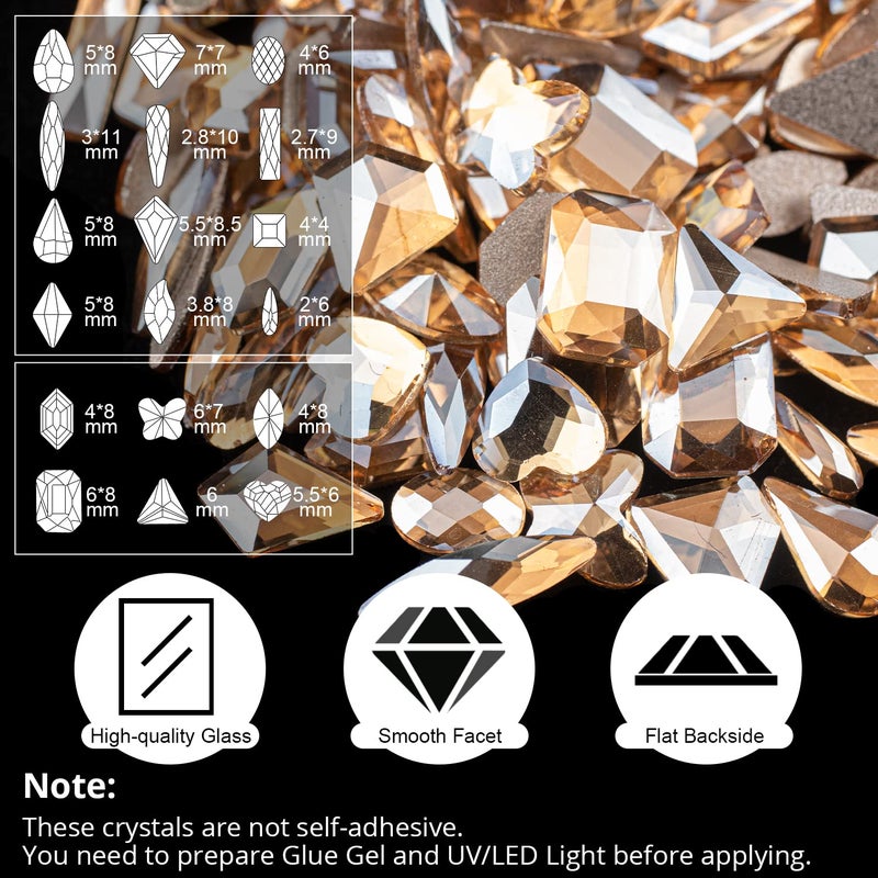 BELLEBOOST 18 Styles Multi-Shaped Glass Gemstones for Nails and 6 Sizes Round Crystal Rhinestones Kit #5, Champagne Nail Art Charm Bead Manicure Decoration with Pickup Pencil and Tweezer - Image 2