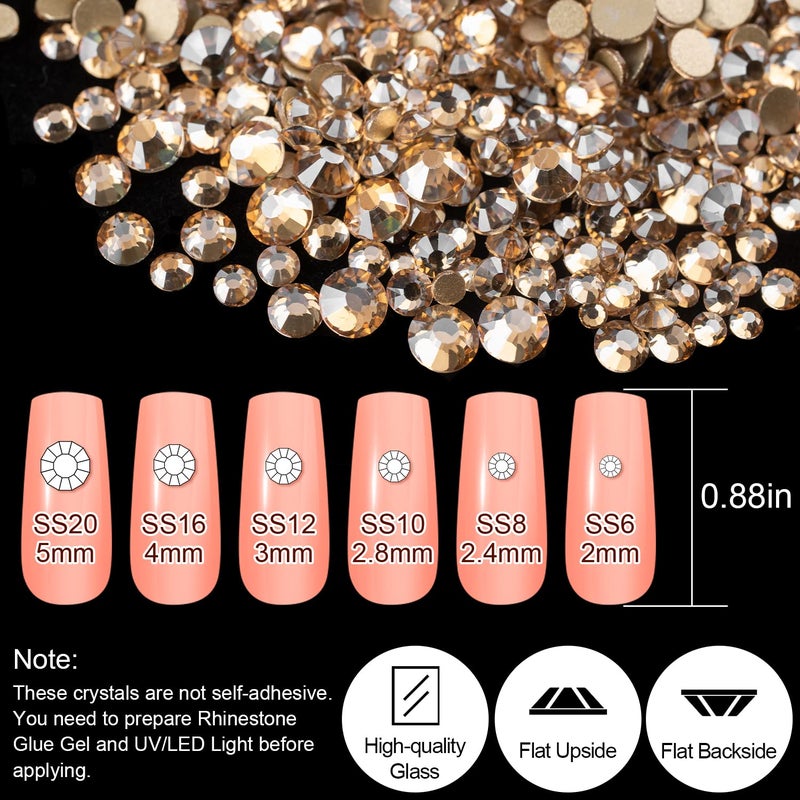 BELLEBOOST 18 Styles Multi-Shaped Glass Gemstones for Nails and 6 Sizes Round Crystal Rhinestones Kit #5, Champagne Nail Art Charm Bead Manicure Decoration with Pickup Pencil and Tweezer - Image 3