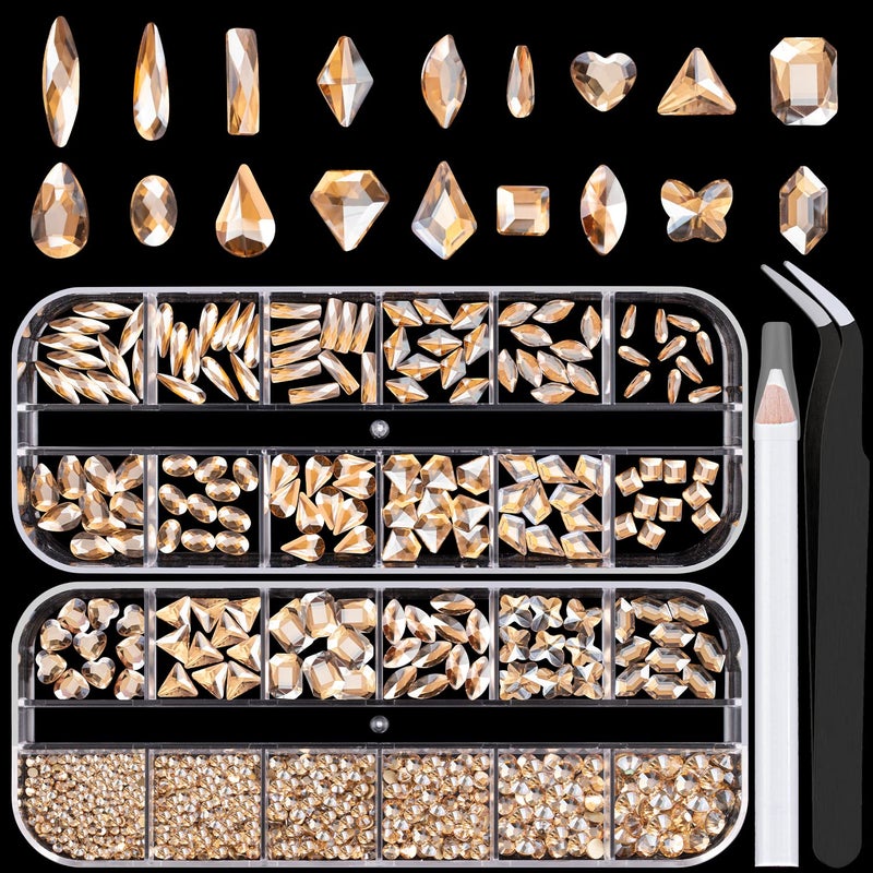 BELLEBOOST 18 Styles Multi-Shaped Glass Gemstones for Nails and 6 Sizes Round Crystal Rhinestones Kit #5, Champagne Nail Art Charm Bead Manicure Decoration with Pickup Pencil and Tweezer - Image 1